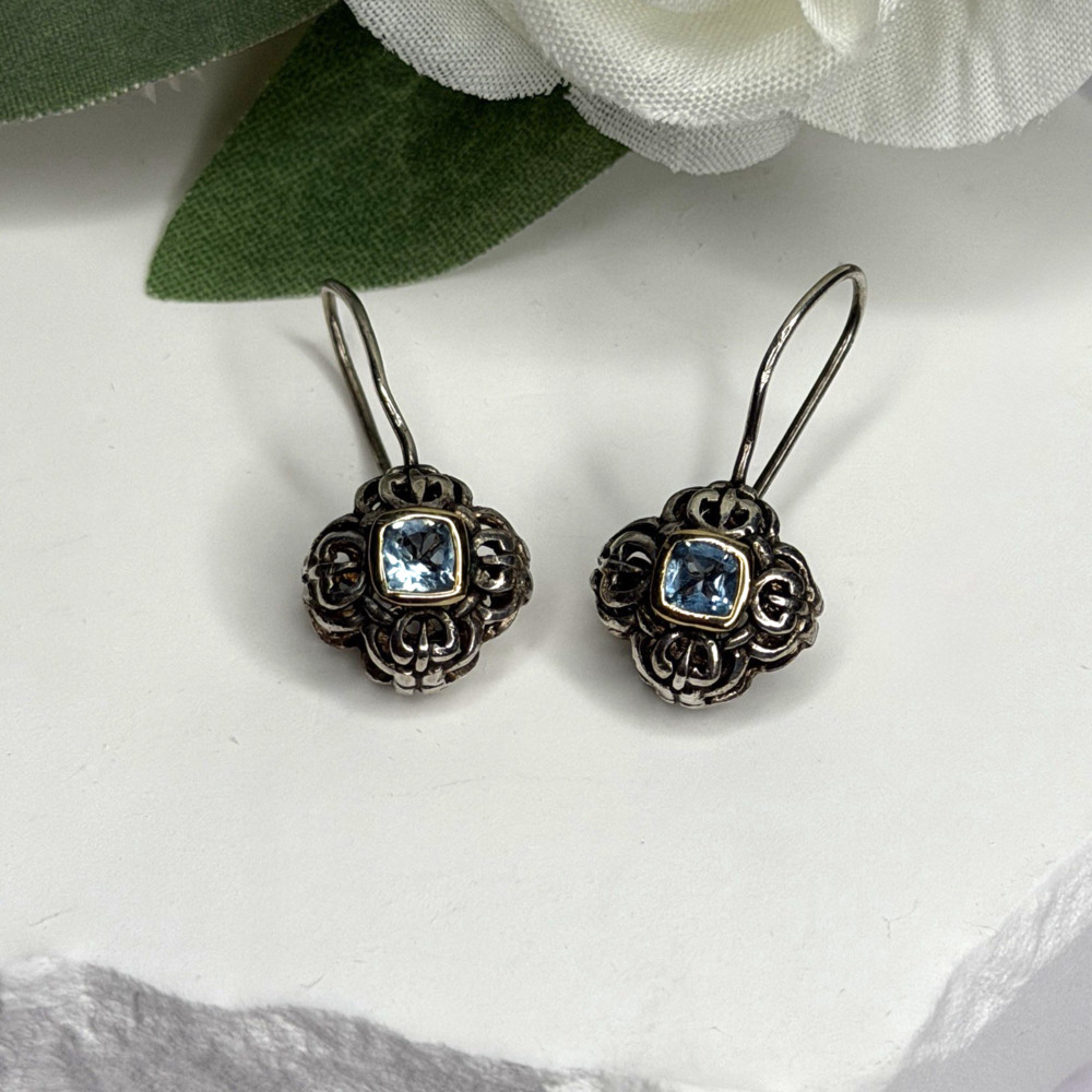 Vintage Filigree 925 Sterling Silver Blue Topaz Dangle Earrings